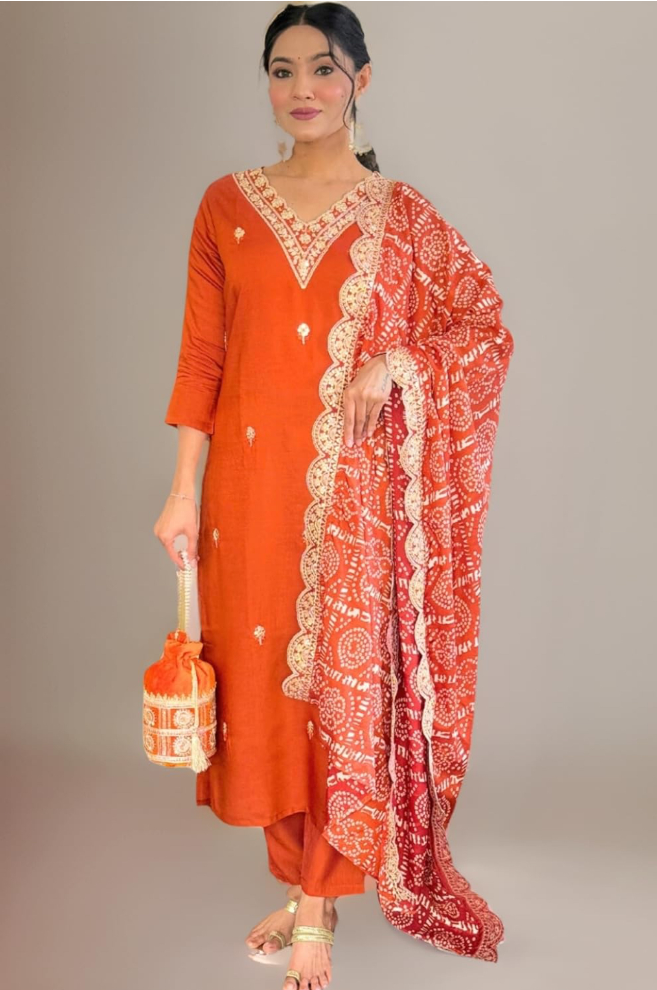 Naixa Women's Orange BSY Viscose Embroidered Straight Kurta